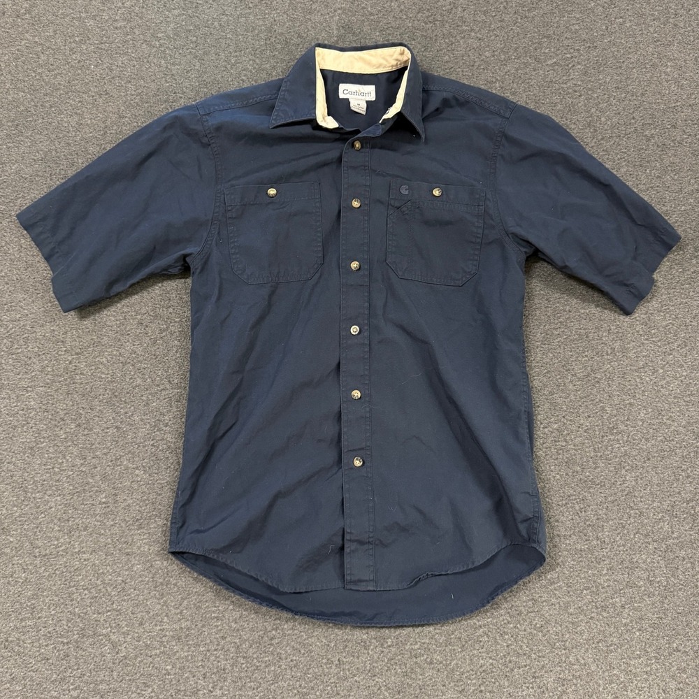 Modern Carhartt Short Sleeve Button Down Mens M Navy Blue Good Workwear Cotton